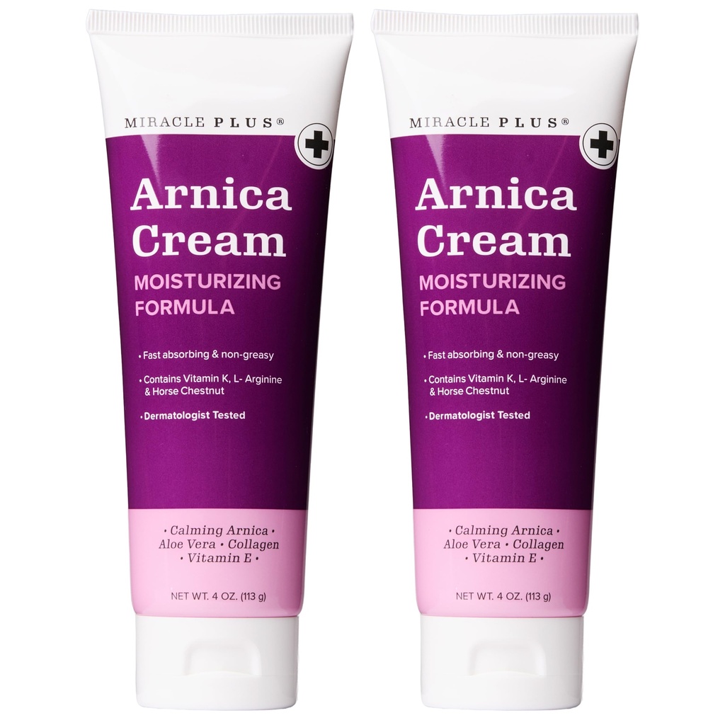Miracle Plus Arnica Cream Bruise Relief Lotion For Bruising | Arnica Montana Extra Strength Vitamin K Cream | Moisturizing Formula Skin Care Gel With Horse Chestnut, 4 Fl Oz, 2-Pack