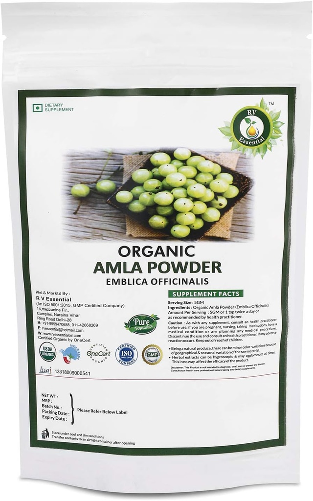 R V Essential Organic Amla אבקה 100gm / 3.53oz / 0.22lb- Emblica Officinalis Amla פירות אבקת שיער USDA אורגני מוסמך Ayurvedic Herbal in Resealable ו Reusable Zip Lock Pouchusable