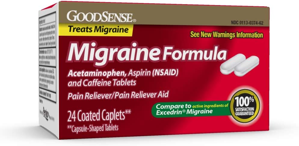GoodSense Migraine Formula Caplets - Acetaminophen, Aspirin (NSAID) &amp; Caffeine - Migraine Pain Relief, 24 Condes