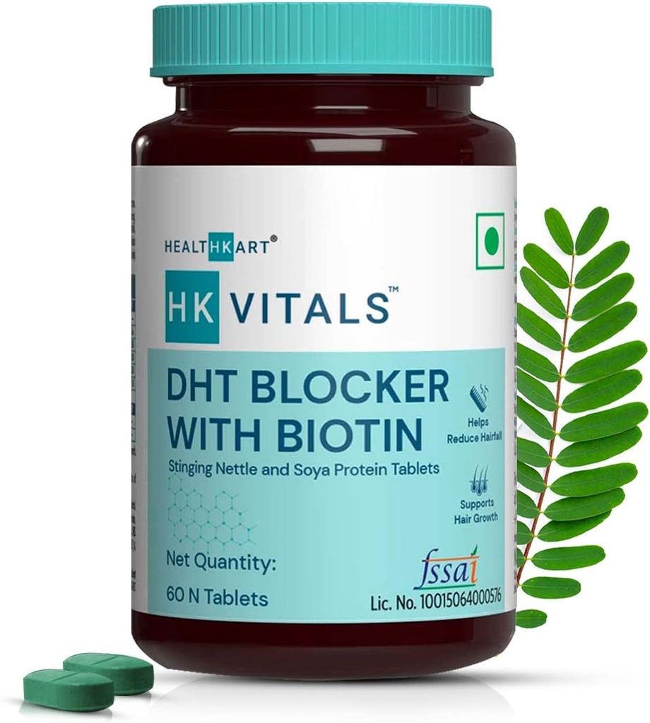 HK Vitals DHT Blocker with Biotin, Stinging Nettle and SOYA Protein, ayuda a reducir la caída del cabello, estimula el crecimiento del cabello, 60 tabletas