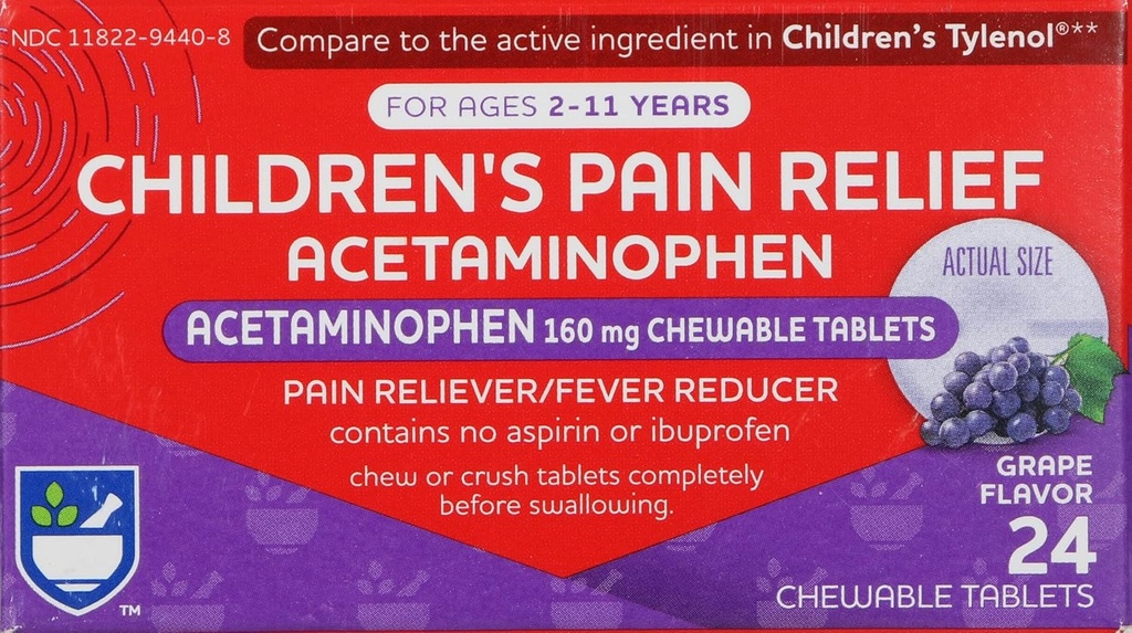 Rite Aid Children 's Pain' s Relief Chewable Grape Tablets, Acetaminofen, 160 mg - 24 Hrabia 124; Pain & Fever Relief for Kids Ages 2- 11 Years Agreef 124; Alcohol- Free, Aspirin- Free, Ibuprofen- Free