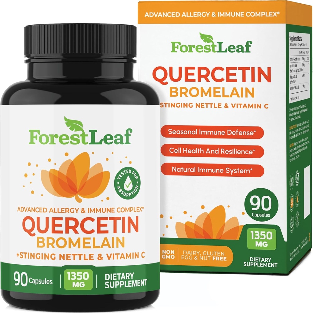 ForestLeaf Quercetin ar Bromelain 1350mg - Blend ar vitamīnu C & Stinging Nattle papildinājums, Quercetin 500mg kapsulas, bez GMO lipekļa, dabas imūnās un elpošanas funkcijas, 90 Veggie Caps
