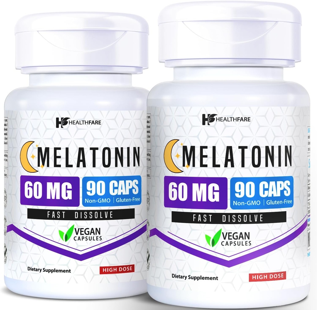 HealthFare Melatonin 60mg | Confezione da 2 | 90 capsule di veg Ogni formula ad alta resistenza | Vegetariano, Non OGM, Senza glutine