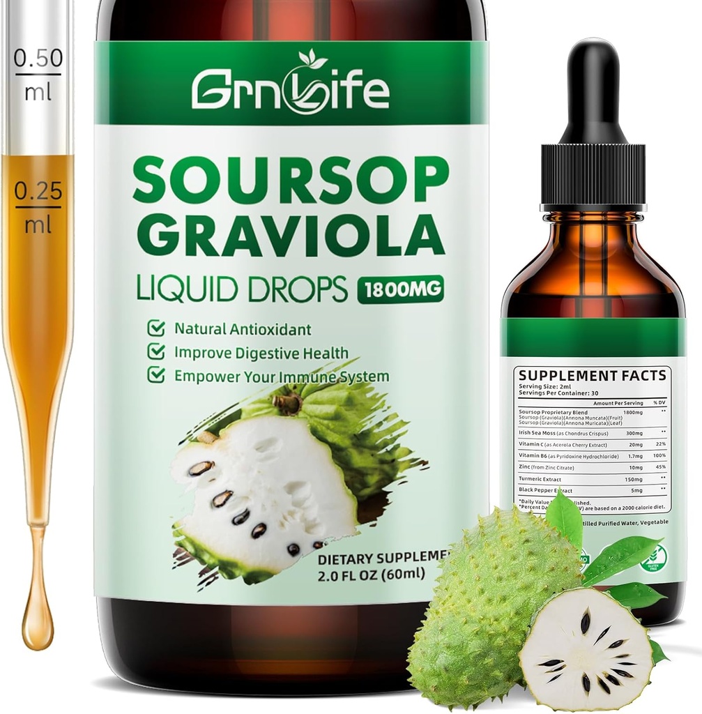 (1 pakke) Soursop Graviola flytende dråpe med sjø Moss & Turmeric, Soursop Bitters væske for cellestøtte og regenerasjon, antioksidant og immun, 2 fl/Oz