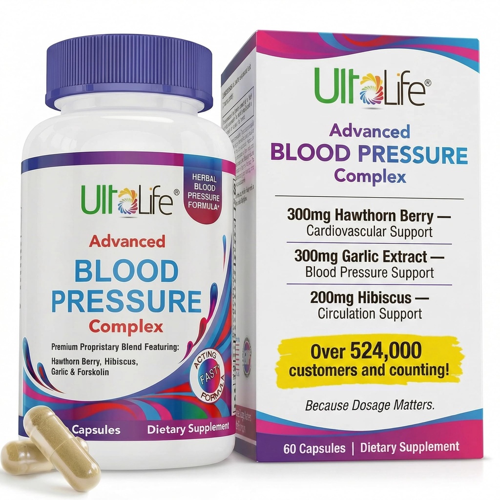 ULTALIFE Blood Pressure Supplements - Advanced Blood Pressure Support Complex with Hawthorn Berry, Hibiscus, Garlic, Forskolin - 14 Vitamins & Herbs, 30 Day Supply in Veggie Capsules