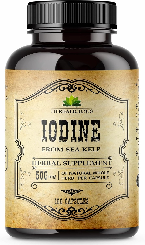 HERBALICIOUS Iodine Tablets – Natural Iodine from Sea Kelp – Thyroid Support Supplement for Energy, Digestion, Brain & Bone Health – Non-GMO, Gluten-Free – 100 Capsules