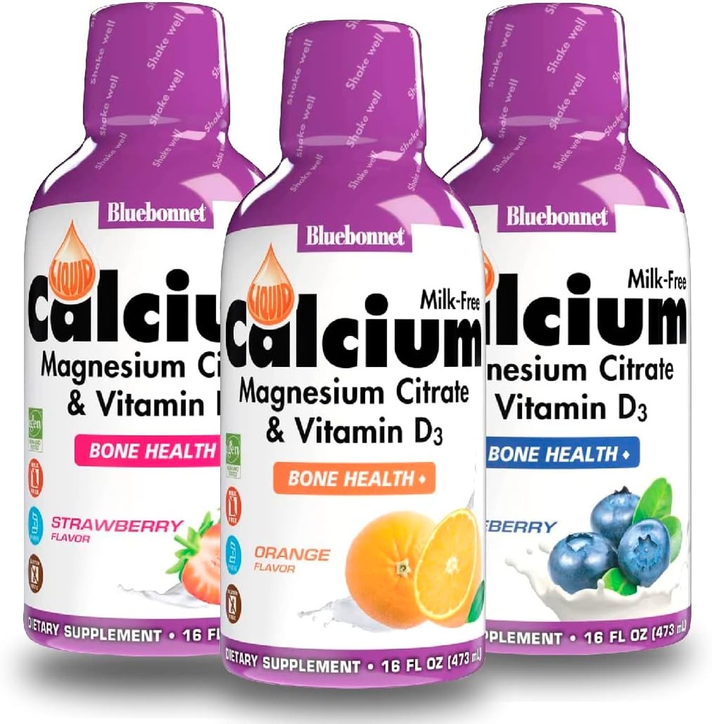 Bluebonnet Liquid Calcium Citrate Magnesium Citrate, Vitamin D3- Bundle of Orange, Blueberry and Strawberry Flavor, 3 Bottle of 16 Fl Oz Each (48 Fl Oz Total)
