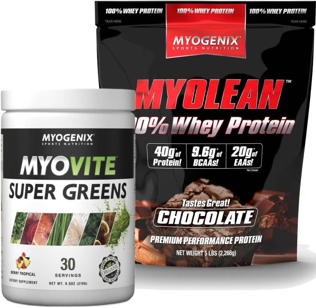 Myogenix Myovite Supergreens Powder & Myolean Chocolate Whey Protein Bundle - Digestion, Immunity & 40g High- Protein Whey - Support Gut Health, Muscle Growth & Recovery