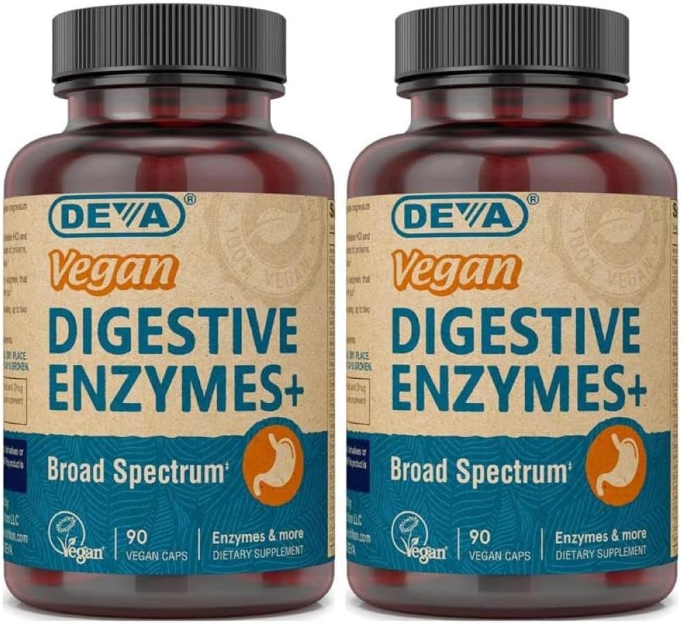 Deva Vegan Vitaminas Enzimas Digestivas Plus Suplemento - Uma mistura única de enzimas e ervas - 90 Cápsulas (Pacote de 2) Pacote Maio Vary