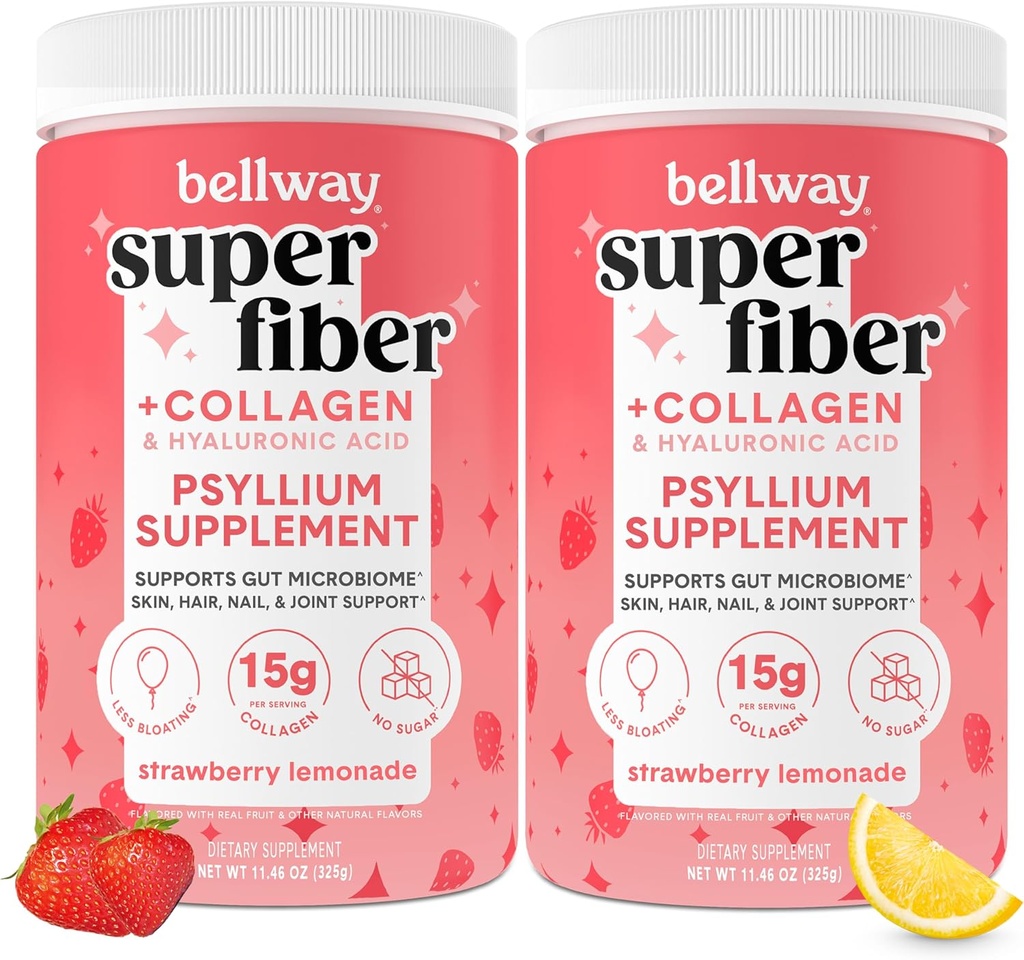 Bellway Super Fiber Powder + Collagen (2 Pack), Sugar- Free Psyllium Husk Powder with Collagen Peptides for Gut Health, Health Skin, Nails, Bones & Joints, Strawberry Lemonade (22,92 oz)
