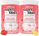 Bellway Super Fiber Pulber + kollageen (2 Pack), suhkruvaba Psyllium Husk Pulber kollageeni peptiididega soolestiku tervise, tervisliku naha, küünte, luude ja liigeste jaoks, maasika limonaad (22,92 oz)
