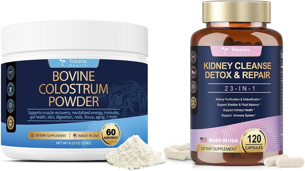 Totaria 120 Cuentas Riñón Limpieza Detox & Reparación Capsules + Bovine Colostrum Suplemento Polvo