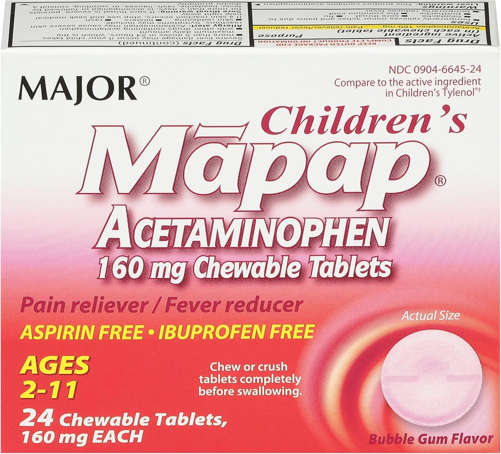 MAJOR Kinder Mapap Acetaminophen 160 mg Kautabletten - Pain Reliever/Fever Reducer - Aspirin Free - Ibuprofen Free - für Alter 2 bis 11-24 Count (1 Pack)