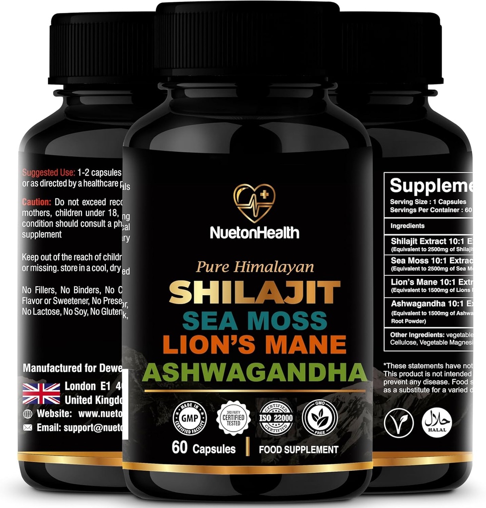 Shilajit, Sea Moss, Lion's Mane und Ashwagandha Capsules - Umfassende All-in-One Wellness-Ergänzung für Geist, Körper und Vitalität - 60 Vegan Capsules
