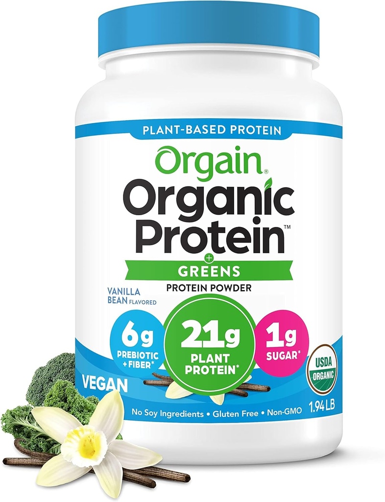 Orgain Organic Vegan Protein Powder + Grønn, Vanilla Bean - 21g Plant Basert Protein, Glutenfri, Dairy Free, Laktosefri, Sojafri, Ingen Sukker tilsatt, Med jern og prebiotika for Gut Helse - 1.94lb