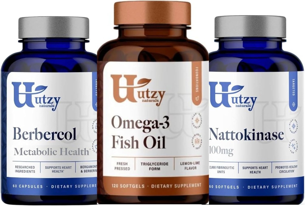 Utzy Naturals Berbercol | 500mg Citrus Bergamot (as Bergamonte) & Berberine, Nattokinase | 100mg + Omega 3 Fish Oil