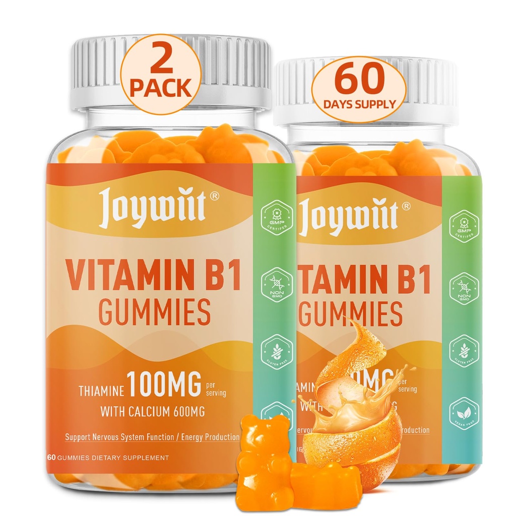 Vitamin B1 Gummies 100mg for Adults & Kids, Thiamine B1 Supplement with 600mg Calcium, Nervous System Supports & Boost Energy, Orange Flavor, Non GMO, Vegan, 120 Chewable Gummies