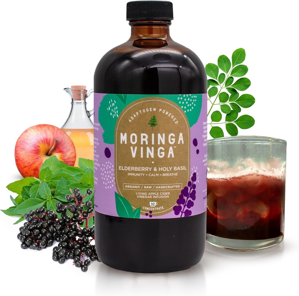 WINGA FINGA  Elderberry & Holy Basil Moringa Invol – Daily Herbal Tonic with Apple Cider Vinegar, Ginger, Hibiscus, Honey imune & Overal Wellness Non-GMO, 16 oz