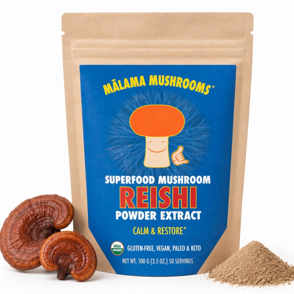Malama Organic Reishi Mushroom Powder, Pure Fruiting Body Extract, Adaptogenic Superfood for Immune Support and Wellness, 100 Servings