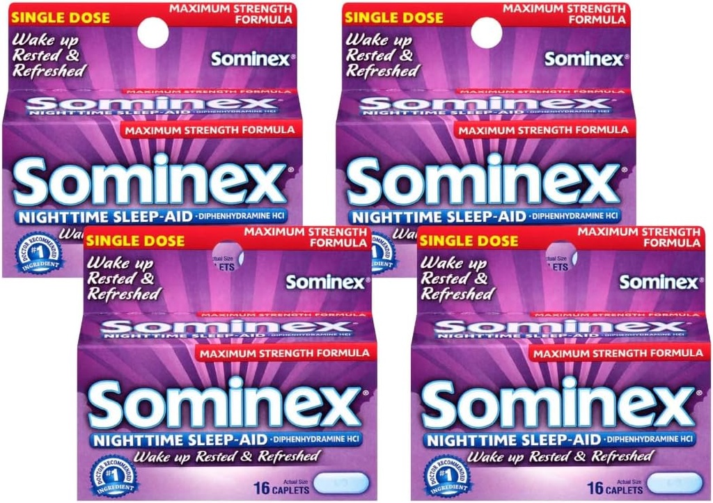 SOMINEX Nighttime Sleep-Aid Caplets, Maximálna sila, 16-Count Boxy (Pack of 4)