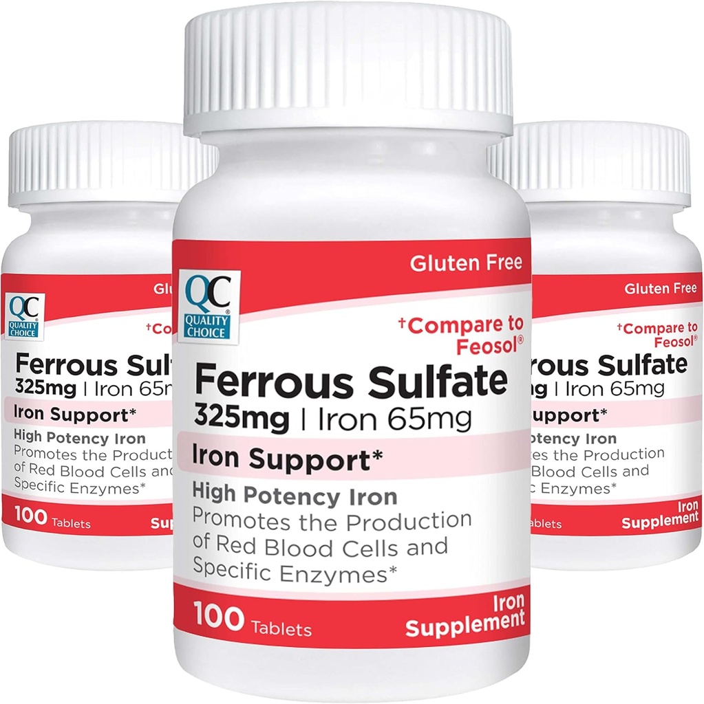 Scelta di qualità Ferro 65 mg (325 mg Ferrous Sulfate) Tavole di supplemento di sostegno del ferro ad alta potenza in 100 Conte Bottiglie (3 Pack)