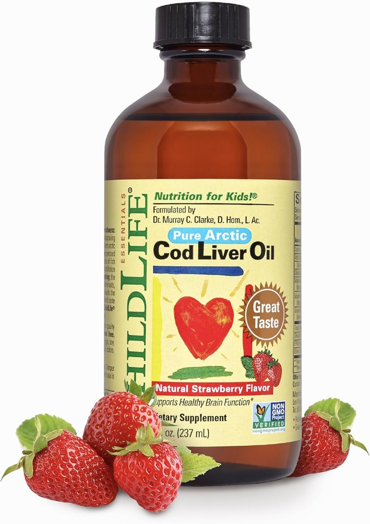 El seu principal petroli de Cod Livingr per a nens - Nens Cod Lipilid, per a nadons 6+ mesos, Toddlers, afegit DHA, l'EPA, Omega-3 Fatty Acids - Strawberberry, 8 fl oz