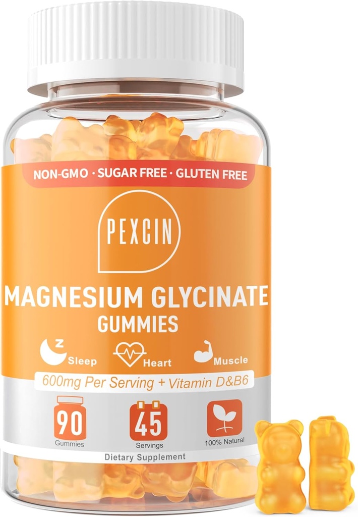 Magnesium Glycinate Gummies for voksne og barn, 1000 mg høy absorpsjon Magnesium Complex Supplement, Sukker Gratis med Kalium,Vitamin D&B6 for rolig, bedre søvn - 90 grever Orange