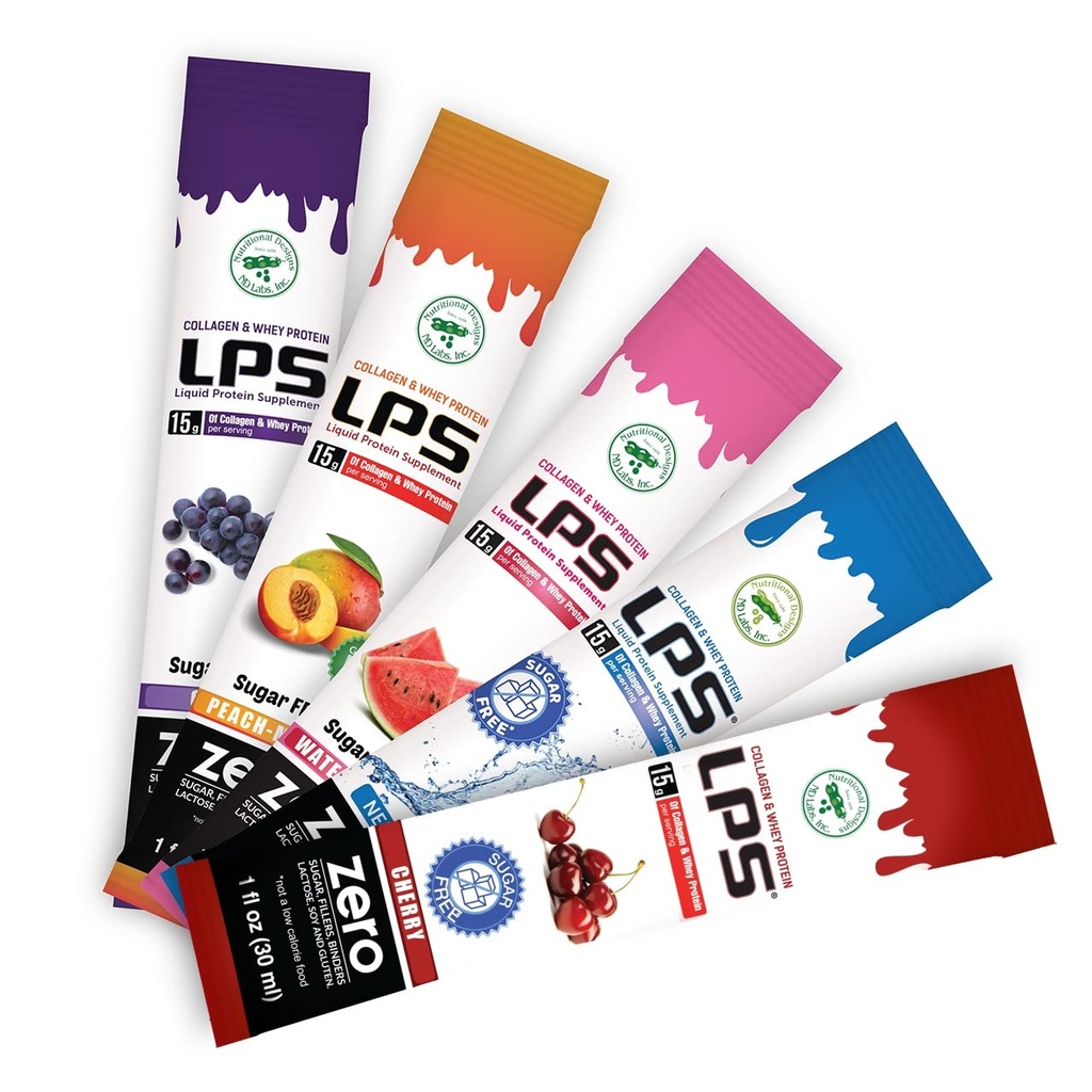 LPS Liquid Collagen & Whey Protein Supplement - Non OGM Drink, Sugar-Free - Promuove la pelle sana & capelli per gli uomini e le donne, Variety Box, Serve singola (60 pacchetti)