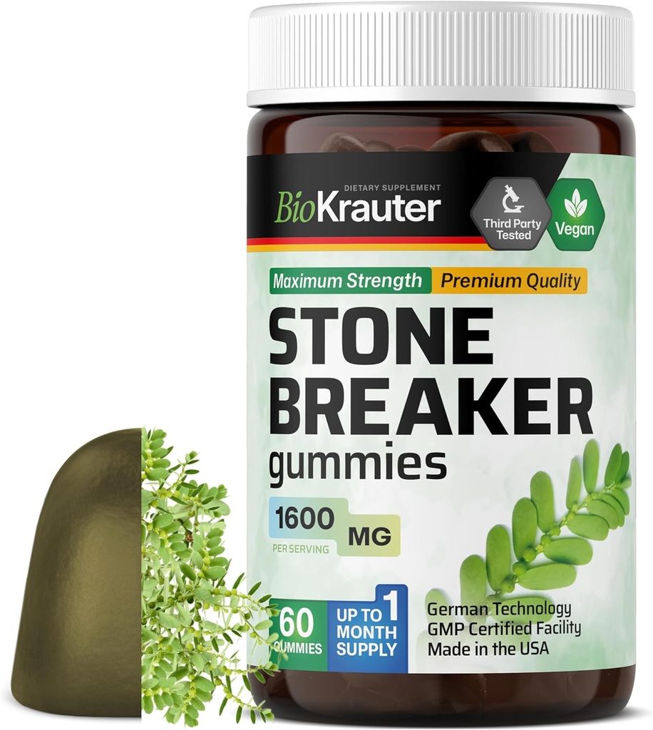 BIO KRAUTER Chanca Piedra Stone Breaker Gummies - 1600 מ"ג כוח - 60 צ'יפס טבעוני - Natural Kidney & Gallbladder ניקויse תוסף