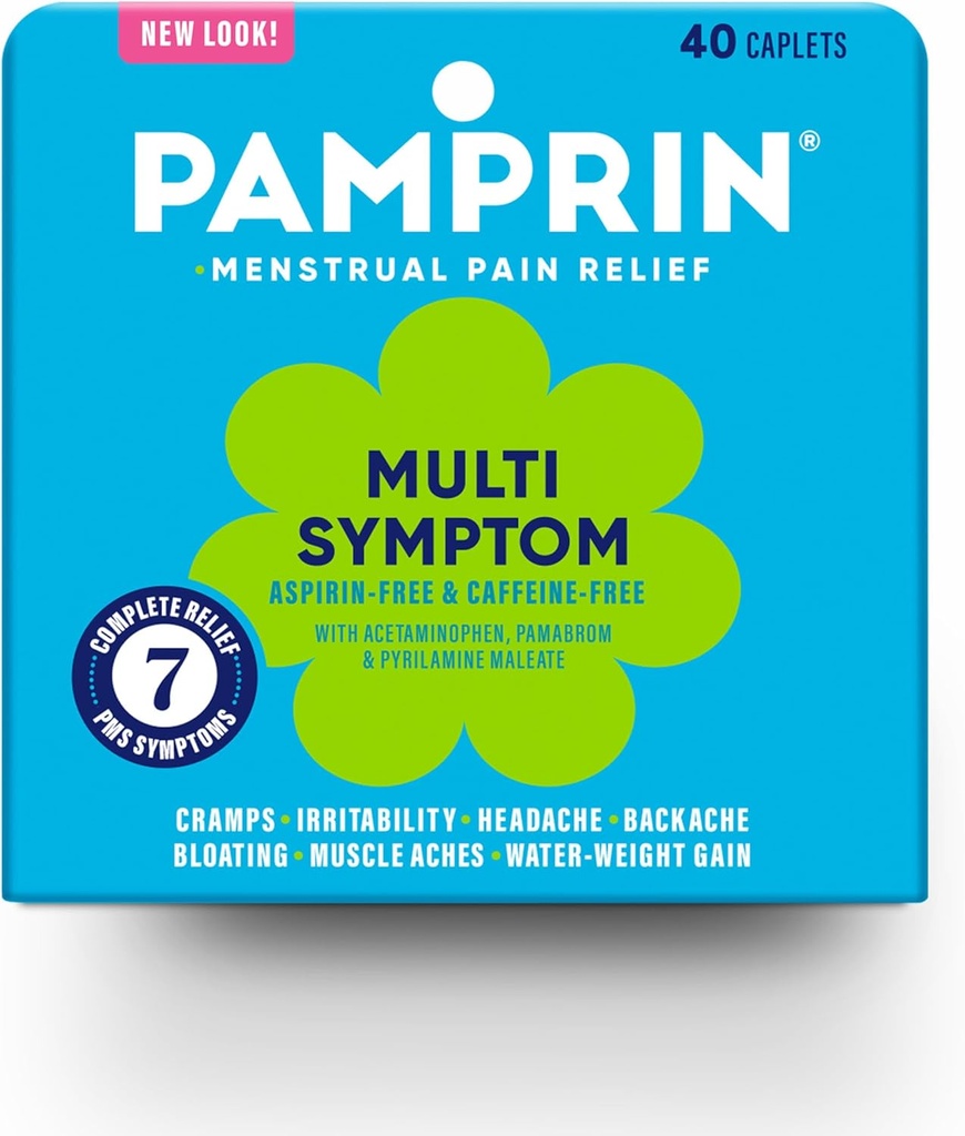 Pamprin Multi-Symptom Formula, con Acetaminophen, Sintomi di periodo mestruale Rilievo inclusi Cramps, Dolore, Bloating e Irritabilità 40 Caplets