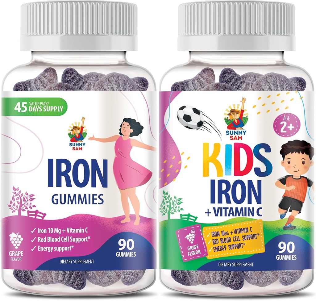 SUNNY SAM Iron Gummies för barn & vuxna - Järnvitaminer med vitamin C, 10 mg per servering - Järn Chewable Fruit Gummy för Immune Support Red Blood Cell Production
