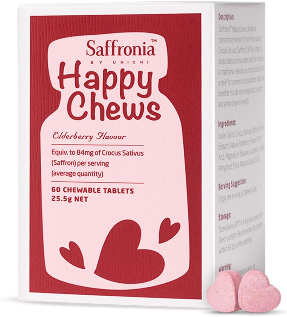 Unichi Saffronia Happy Chews, Saffron Supplement for Mood Balance Support and Stress Reduction, Elderberry Flavour, 60 tablet