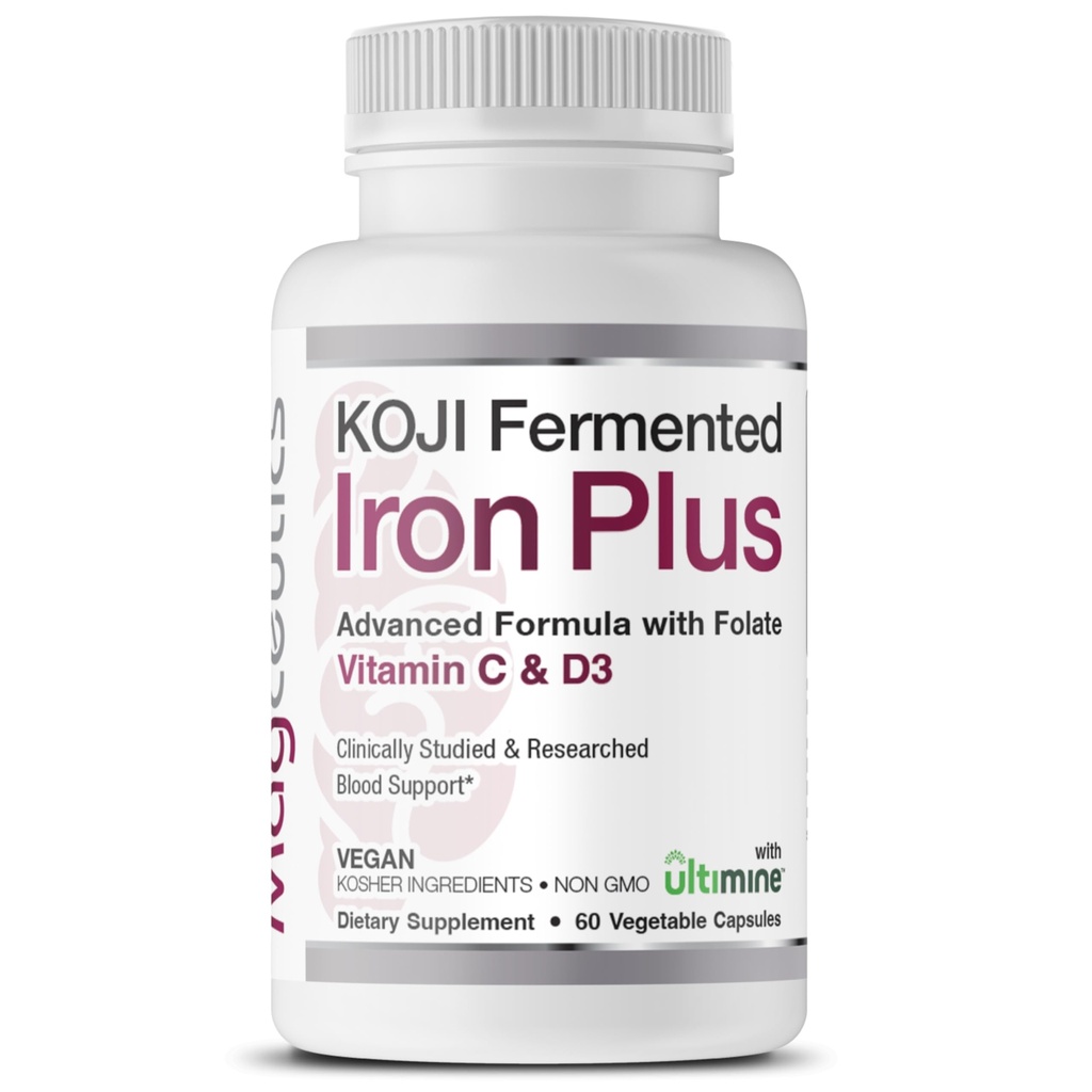 Koji Fermented Iron Plus - Iron Supplement with Vitamin C, Vitamin D3 and Folate for Blood Support, Easily Absorbed and Bioavailable, Stomach Friendly, Vegan, Non-GMO - 60 Capsules