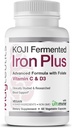 Koji Fermented Iron Plus - 비타민 C, 비타민 D3 및 혈류 지원을위한 Folate, 쉽게 흡수 및 Bioavailable, Stomach Friendly, Vegan, Non-GMO - 60 캡슐