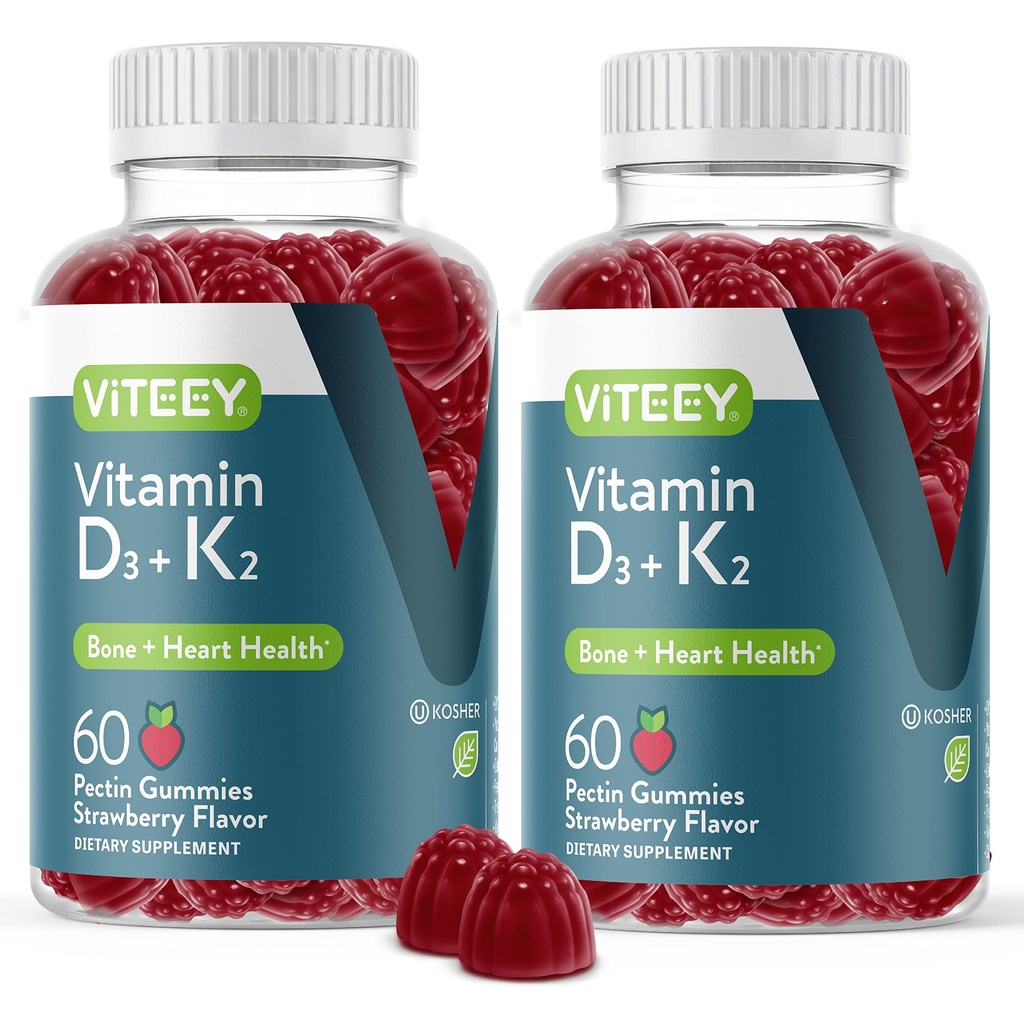 VITEEY Vitamin D3 K2 Gummies - 1000 IU Vitamin D3 and K2 100mcg - Bone & Heart Health for Adults and Teens - Vegetarian, Gelatin Free, GMO Free - Tasty Chewable D3K2 Vitamins Strawberry Flavored Gummy