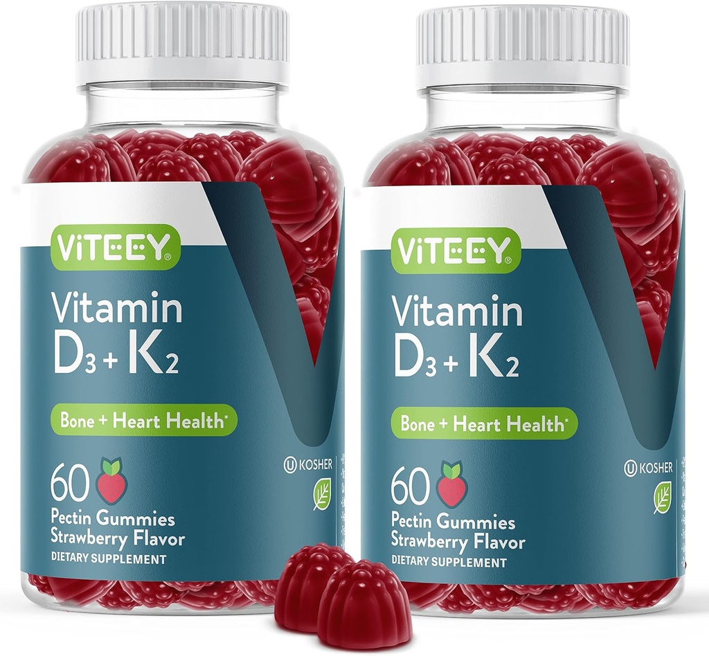 VITEEY Vitamin D3 K2 Gummies - 1000 IU Vitamin D3 og K2 100mcg - Bein og hjerte Helse for voksne og tenåringer - Vegetarisk, Gelatinfri, GMO Gratis - Tett Chewable D3K2 Vitaminer Strawberry Flavored Gummy