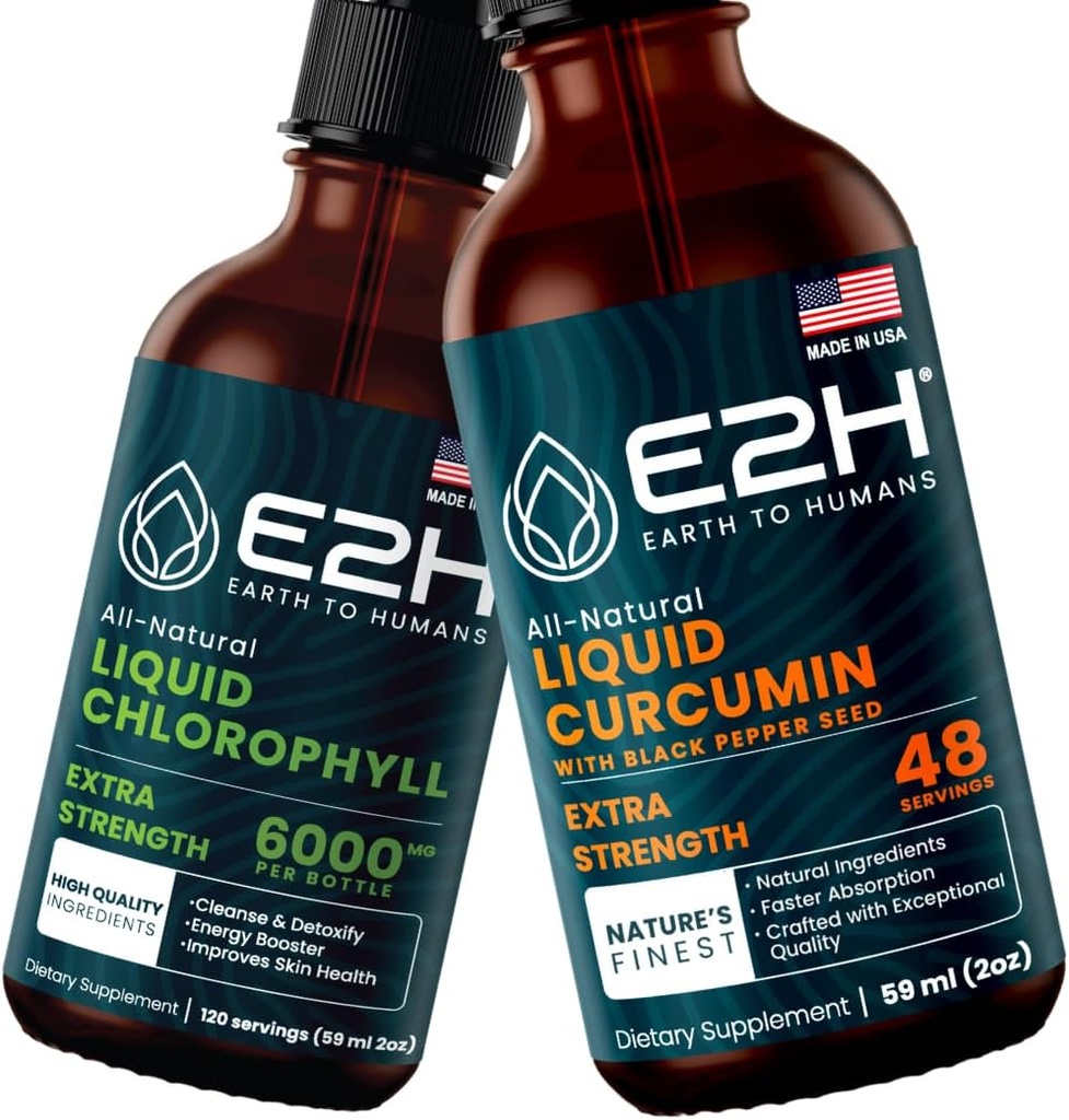 E2H: Tekutý chlorofyl a tekutý kurkumin 124; Vegan, Non- GMO - 2 Fl Oz Each (4 Fl Oz Total) - Bundle