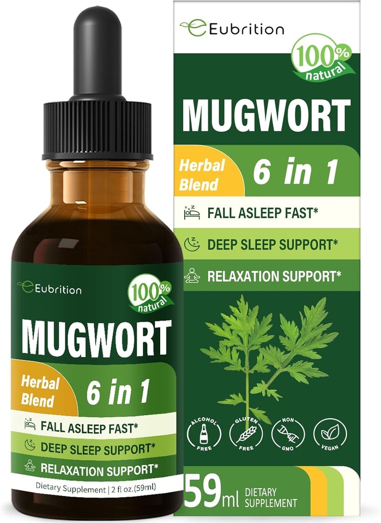 Mugwort Herb Liquid Drops til dvalestøtte, Mugwort blade (Artemisia vulgaris) Alt i 1 Formel for afslapning Support, Herbal tillæg med Valerian Chamomile Tulsi Lavendel Extract.2oz