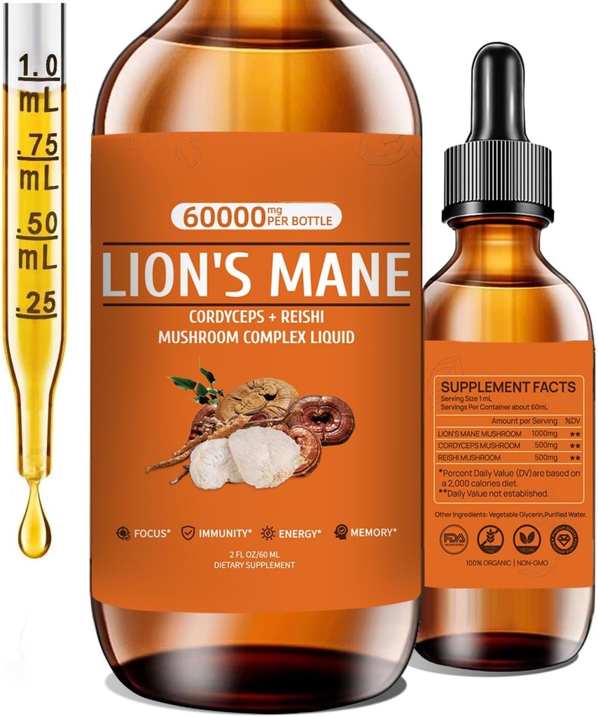 Lions Mane Mushroom은 기억, 초점 & Clarity, Lion's Mane, Cordyceps, Natural Immune Support, Non-GMO, Vegan, 최대 2 개월 공급을위한 Reishi를 보충합니다.