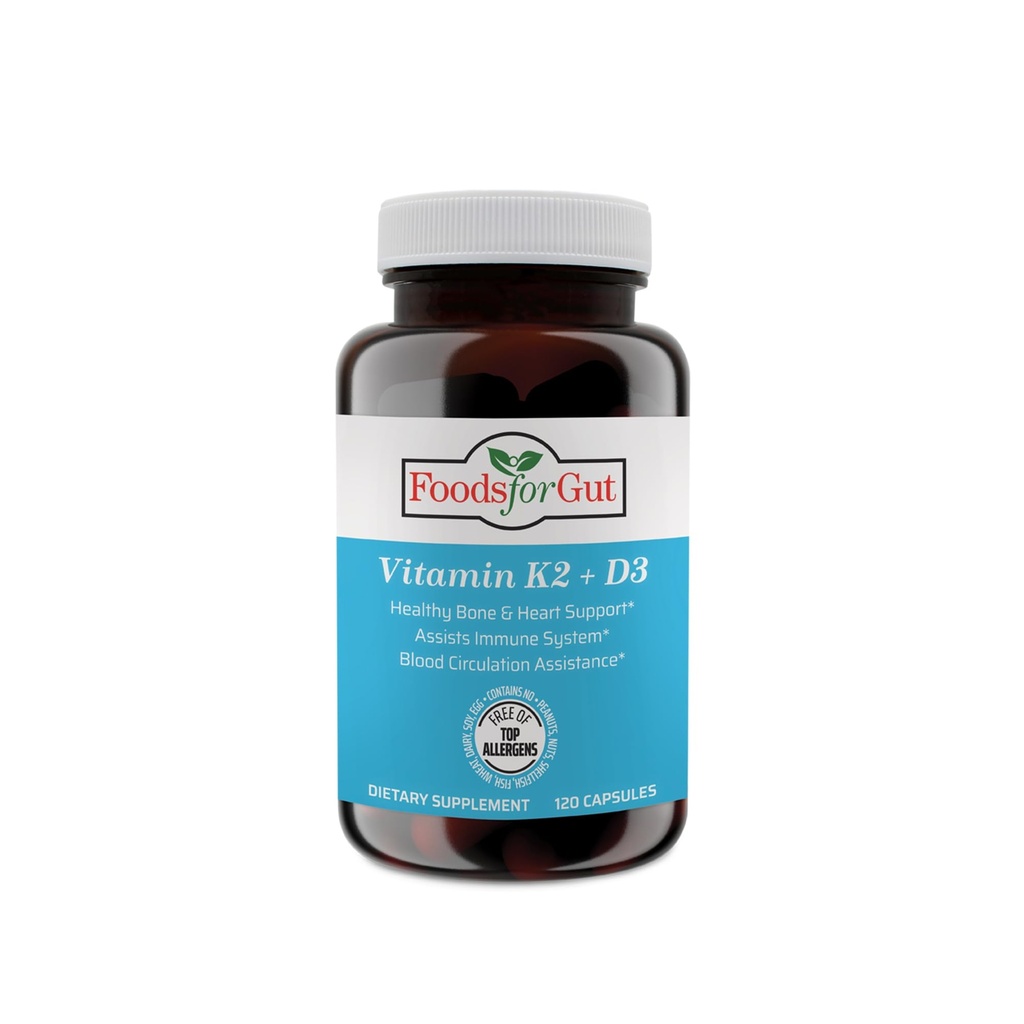 Foods For Gut Vitamin K2 (MK7) D3 & BioPerine® Black Pepper Extract | 120 Capsules | Free of Top Allergens | Bone Health | Mood & Energy Support |