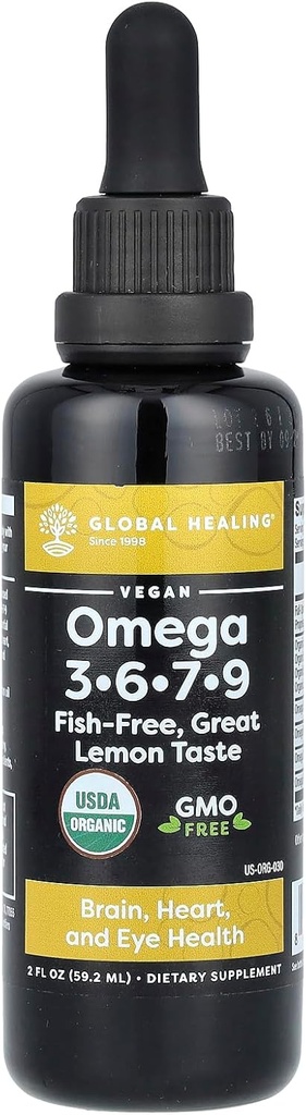 Global Healing Organic Omega 3 6 9 ja 7 (Seaberry CO2 Extract) - kala-vaba, Non-GMO Omega 3 toidulisand naistele ja meestele, sisaldab Perilla Seed & Linaseemneõli - Kalaõli Alternatiivne - 2 Fl Oz