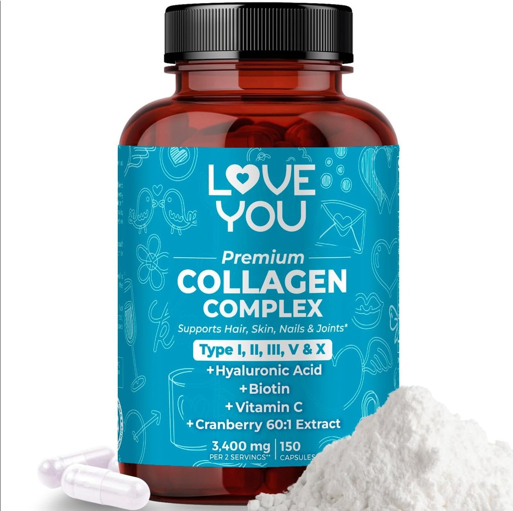 Love You Premium Collagen Complex - Tiplər I, II, III, V & X - Saç, Cilt, Nails, Birləşdirilmiş Bovine Collagen Peptides - Grass-Fed, Qeyri-GMO, 120 Kapsül, ABŞ Made