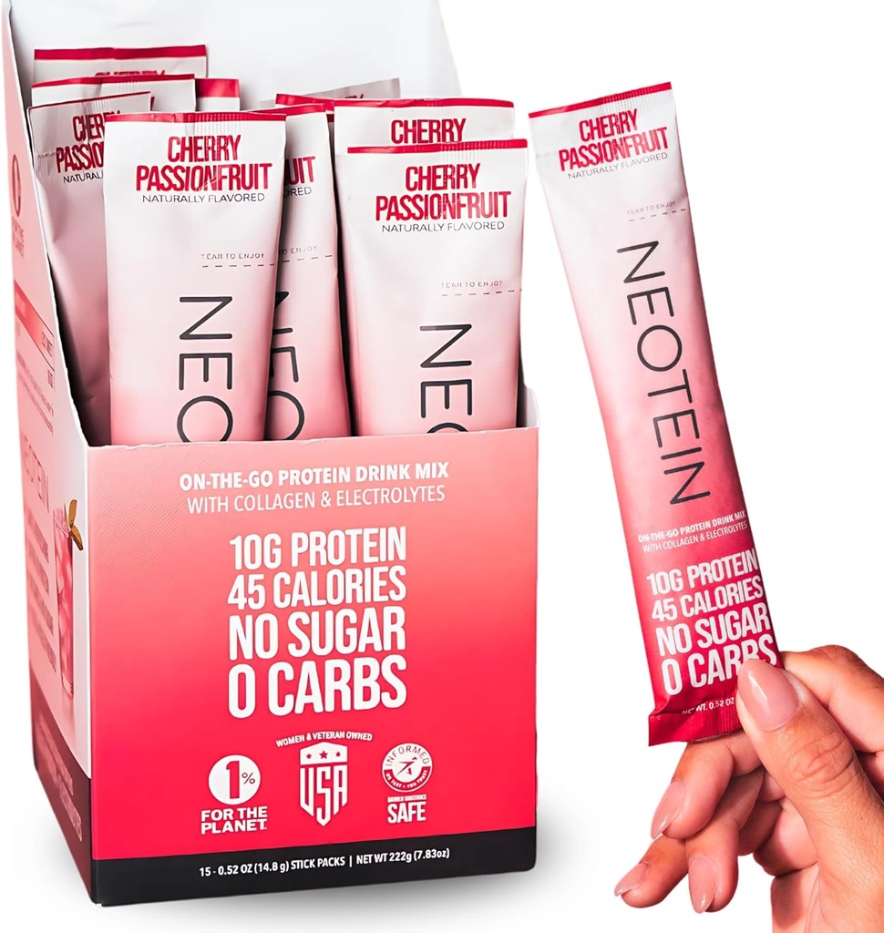 NEOTEIN: Electrolyte Powder Packets, Protein Powder med 10g Protein & Collagen | Hydration Packets - Zero Sugar, NO Fillers, NO Carbs | Cherry Passionfruit | 45 Kalorier | Keto & Paleo | Pack av 15