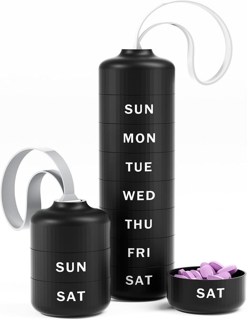 Betife Cute Pill Organizator, Cute Weekly Pill Box pentru Travel, Cute Daily Pill Case 7 zile, cu 7 Compartimente Stackable mari, Sturdy ABS Pilula Holder pentru Vitamina Supliment Medicina (Negru)