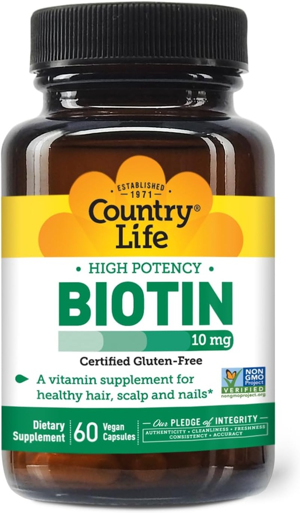 País Vida Vitaminas de alta potência Biotin 10.000 mcg (10 mg), 60 contagem - Suplemento para cabelo, escalpe e unhas - Certificado sem glúten