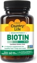 Country Life Vitamins High Potency Biotin 10.000 mcg (10 mg), 60 Count - Beilage für Haar, Kopfhaut und Nägel - Zertifizierte Glutenfrei