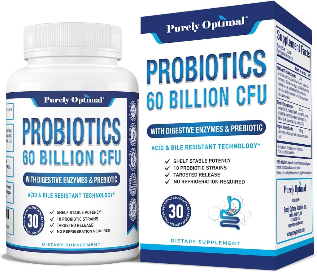 Purely Optimal Premium Probiotics 60 Billion CFU w/Organic Prebiotics & Дайджестні ферменти