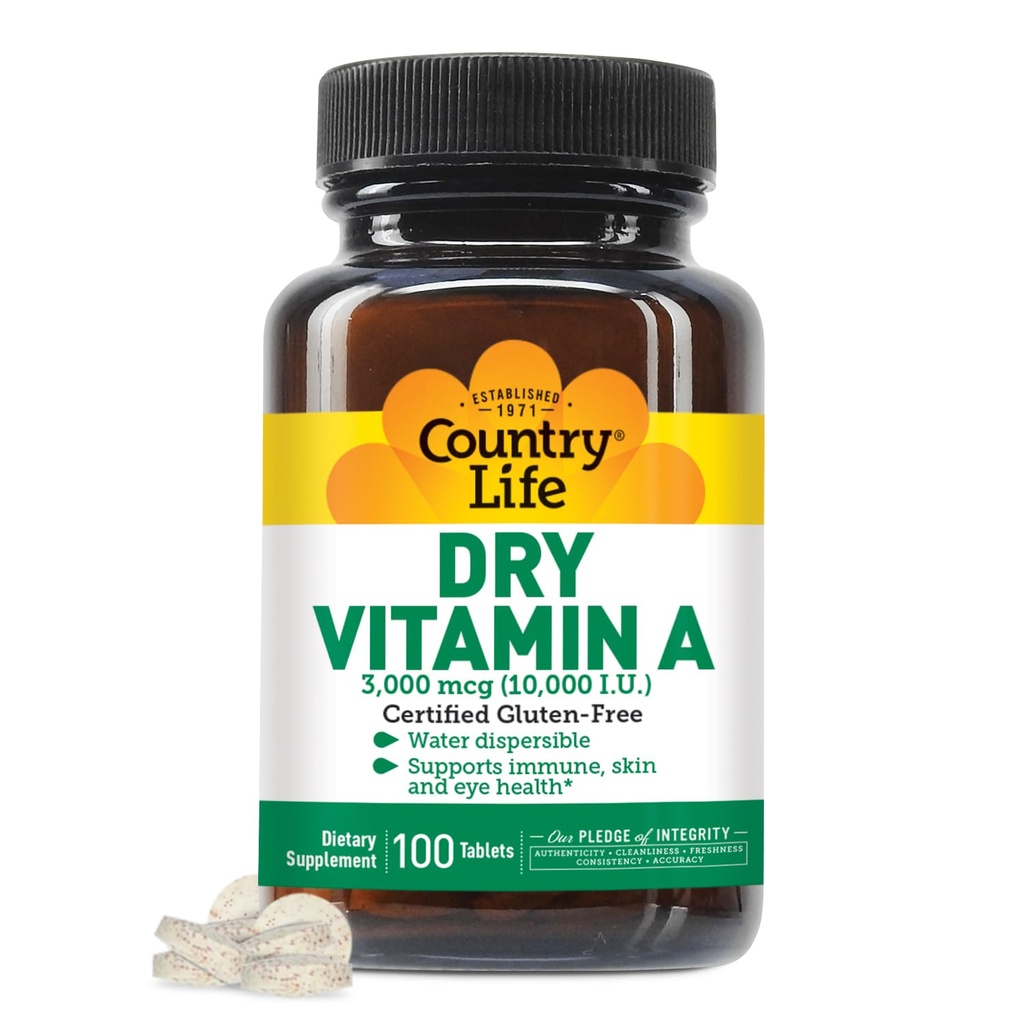 Country Life Vitamin A 10,000 IU - Immune Support, Skin & Eye Health Supplement, Certified Gluten-Free, Vegan, Halal, Kosher, 50% Beta-Carotene & 50% Retinyl Palmitate, Easy Absorption - 100 Tablets