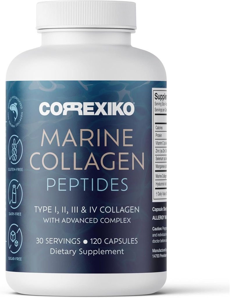 CORREXIKO Marine Collagen 补充药 - 1800mg 水解Collagen Peptides 每服加氢酸,维生素C和矿物质 - 用于头发,皮肤和钉子 - 120 Capsules 30天供应