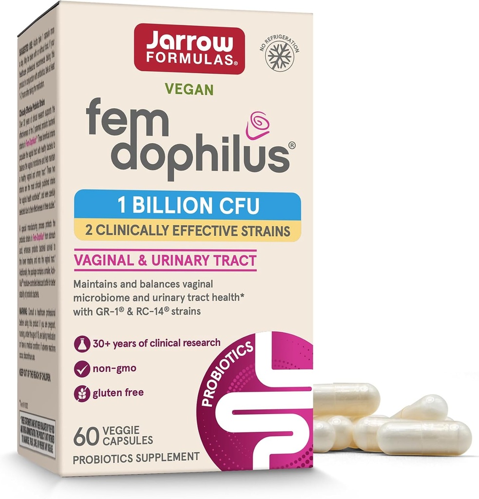 Formules de Jarrow Probiotiques vaginaux Fem-Dophilus 1 Million CFU avec 2 souches à l'appui scientifique, supplément alimentaire pour le soutien vaginal et urinaire, 60 capsules, jusqu'à 60 jours d'approvisionnement, plateau-stable